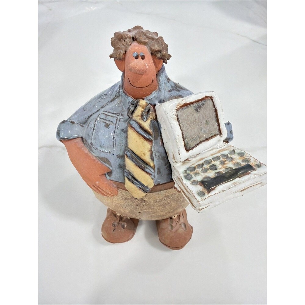 Vintage Sara Meadows Clay Figurine IT Guy Computer Tech Office Worker Signed Art